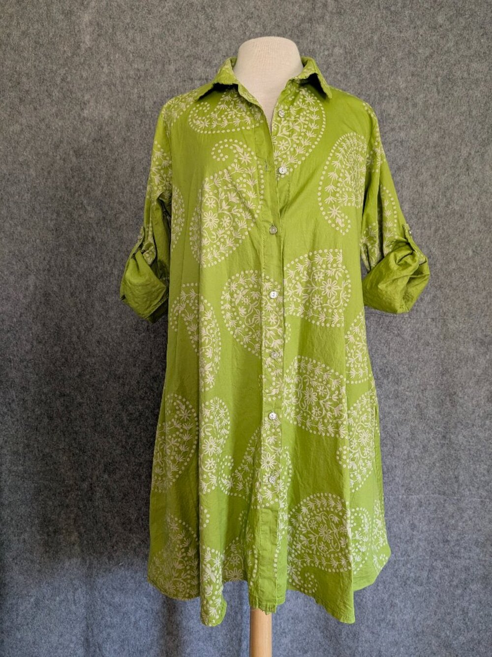 AQRL Italy Lime Green Paisley Roll Sleeve Shirt Dress Cotton Pearl Button OS